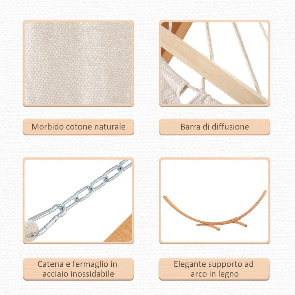 Amaca da Giardino 392x120x102 cm con Supporto in Legno di Pino e Cotone Bianca...