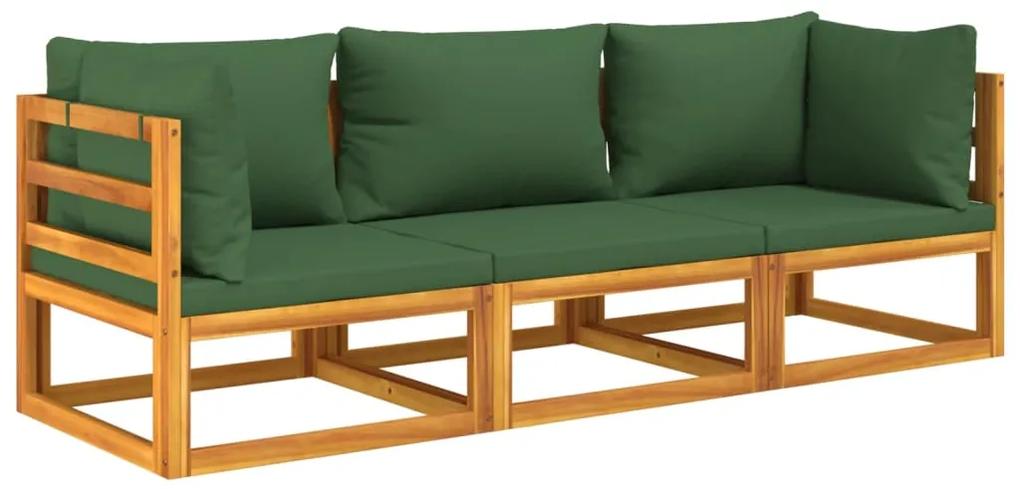 Set salotto da giardino 3pz con cuscini verdi in legno massello