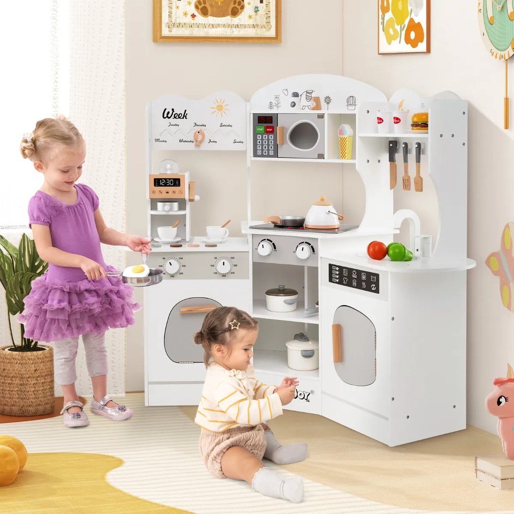 Costway Cucina giocattolo angolare in legno con macchina del caffè, Set cucina con luci e suoni per bambini 3+ anni
