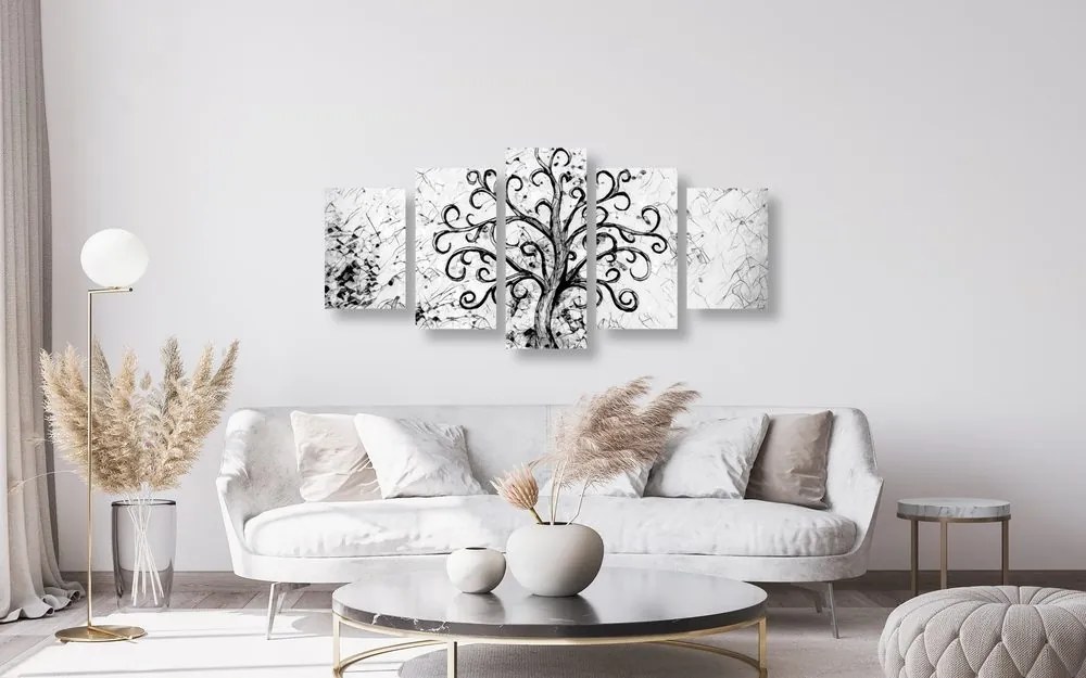 Quadri 5 pezzi – Simbolo dell'albero della vita in bianco e nero