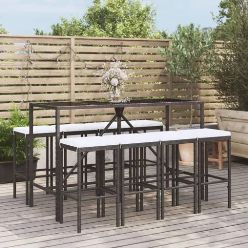 Set Bar da Giardino 9 pz con Cuscini in Polyrattan Nero