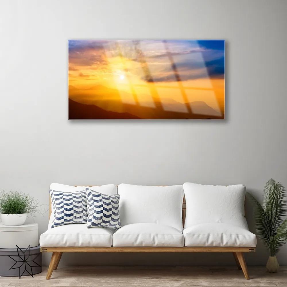 Quadro acrilico Montagna, sole, nuvole, paesaggio 100x50 cm