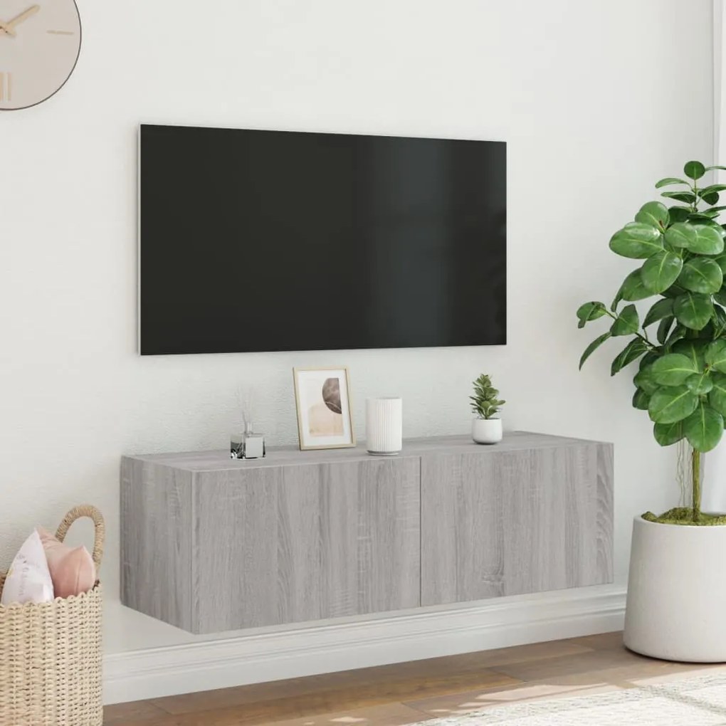 Mobile TV a Parete con Luci LED Grigio Sonoma 100x35x31 cm