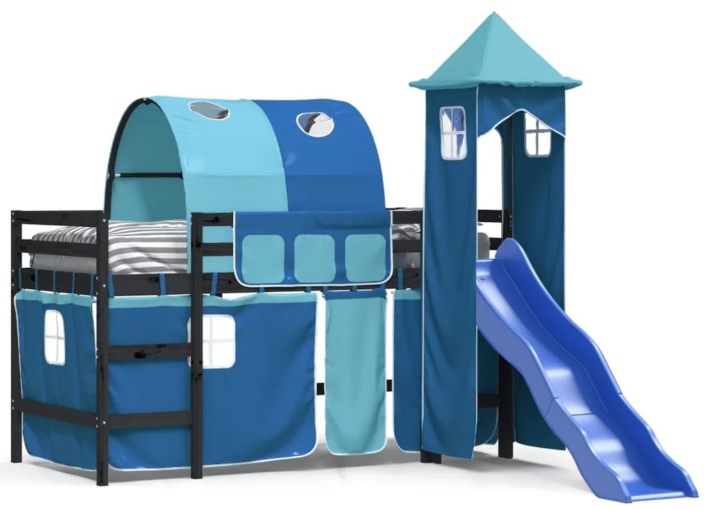 Letto a soppalco con torre bambini blu 90x190cm massello pino