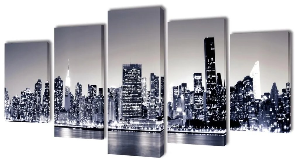 5 Pz Stampa Su Tela Da Muro Panorama New York Monocromatico 100 X 50cm /