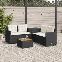 Divano da Giardino con Tavolo e Cuscini a L Nero in Polyrattan 369036