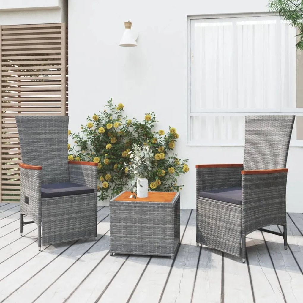 Set Mobili Giardino 3pz Grigio Polyrattan Legno Massello Acacia /