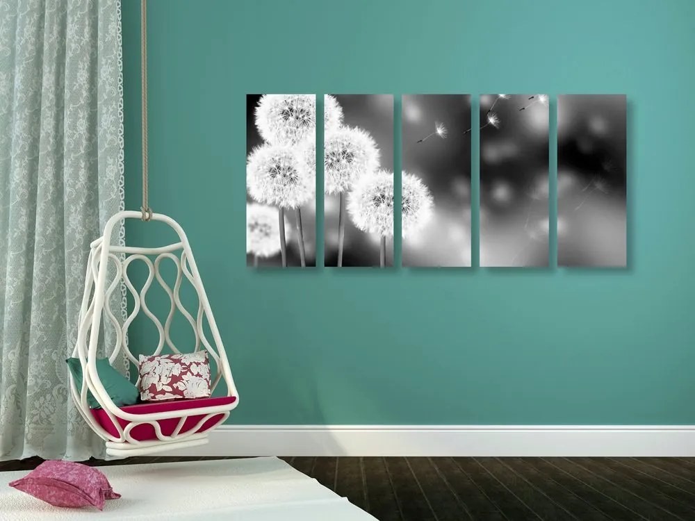 Quadri 5 pezzi – Dente di leone soffice in bianco e nero