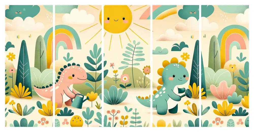 Quadri 5 pezzi – Dinosauri allegri in paesaggio arcobaleno
