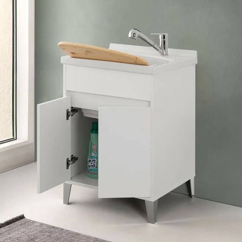 Mobile lavatoio 60x50 bianco lucido Way con vasca in ceramica Dolomite