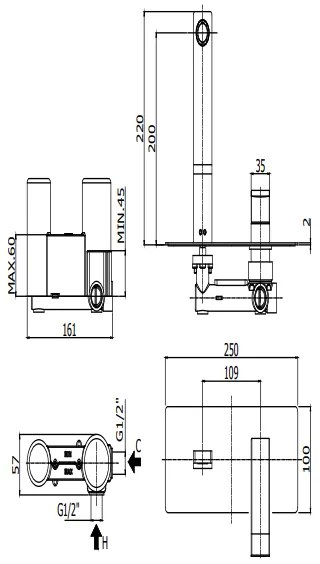 Paffoni Level Lec104cr Miscelatore lavabo Incasso 2 Fori Piastra Rettangolare E Bocca Cromo