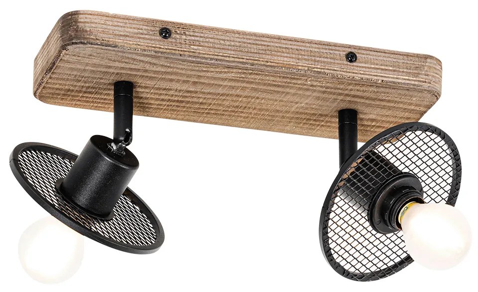 Faretto da soffitto industriale nero con legno 2 luci - Jasmine