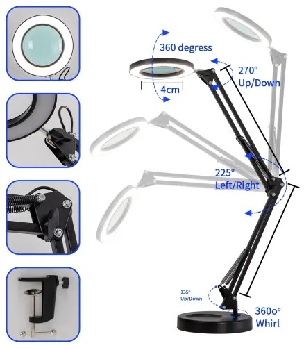 Brilagi - Lampada da tavolo LED dimmerabile con una lente d'ingrandimento LED/12W/5V 3000/4200/6000K nero