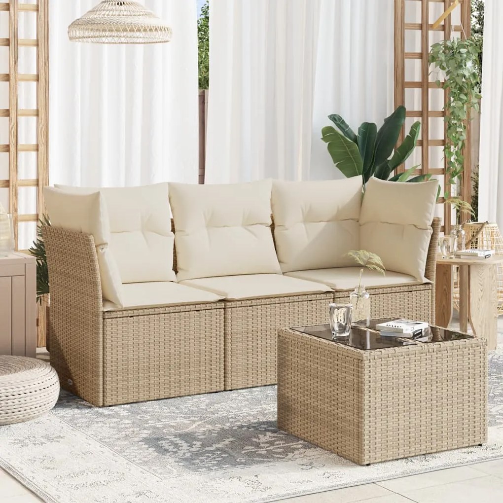 Set Divano da Giardino 4 pz con Cuscini Beige in Polyrattan