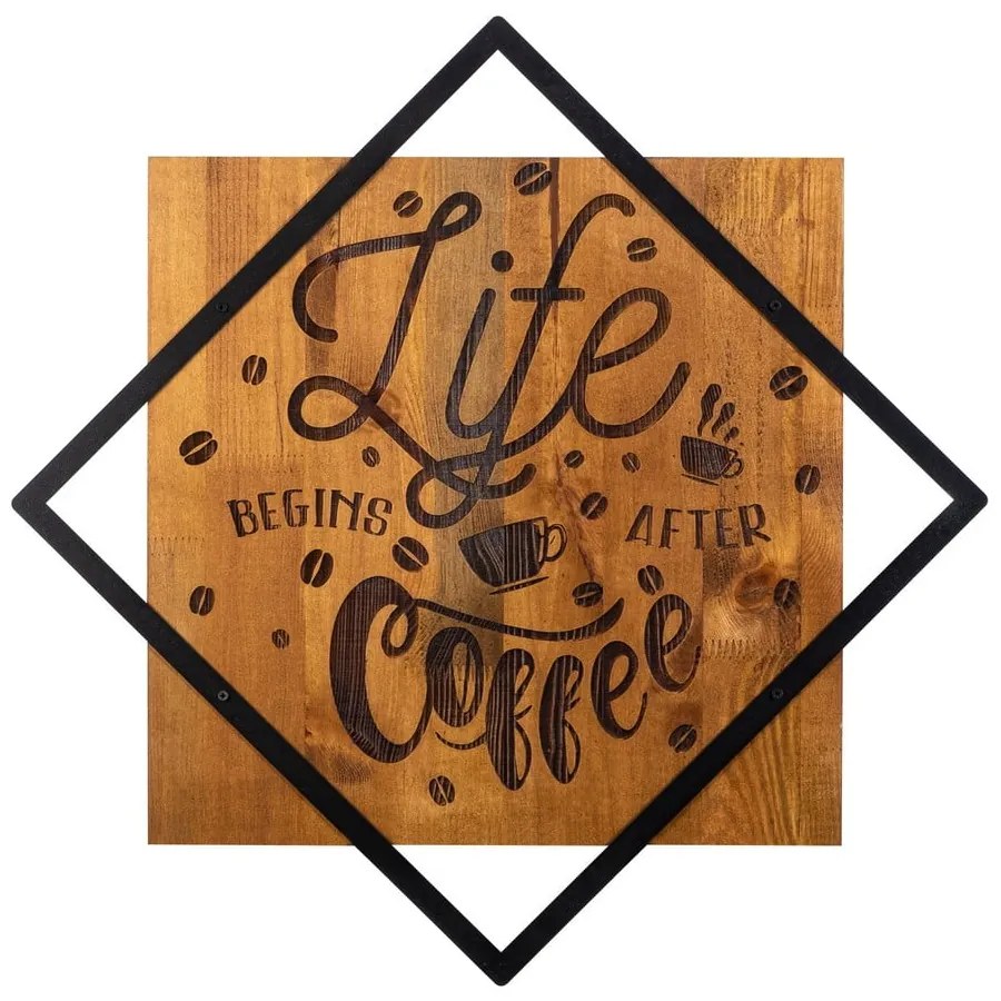 Decorazione murale in legno e metallo 54x54 cm Life Begins After Coffee - Wallity