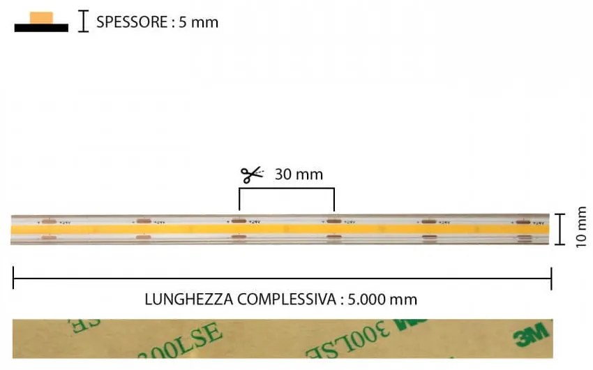 Striscia LED Professional COB - IP67 - 15W/m - 5m - 110lm/W - CRI92 - 24V Colore  Bianco Caldo 2.700K