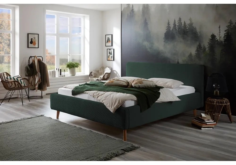 Letto matrimoniale imbottito verde scuro con contenitore con rete inclusa 160x200 cm Mattis Cord – Meise Möbel