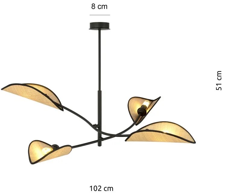 Lampadario a Sospensione in Acciaio e Tessuto LOTUS 4 Nero 4xE14 Colore del corpo Nero e Rattan