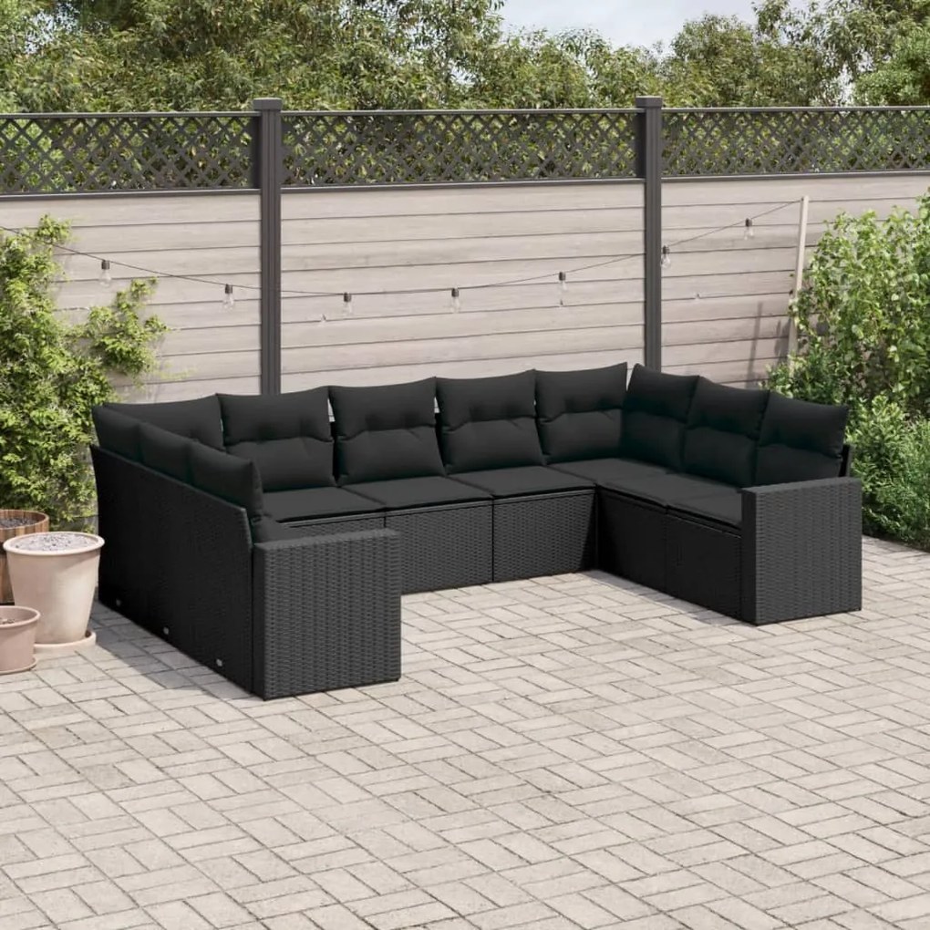 Set divani da giardino 9 pz con cuscini nero in polyrattan