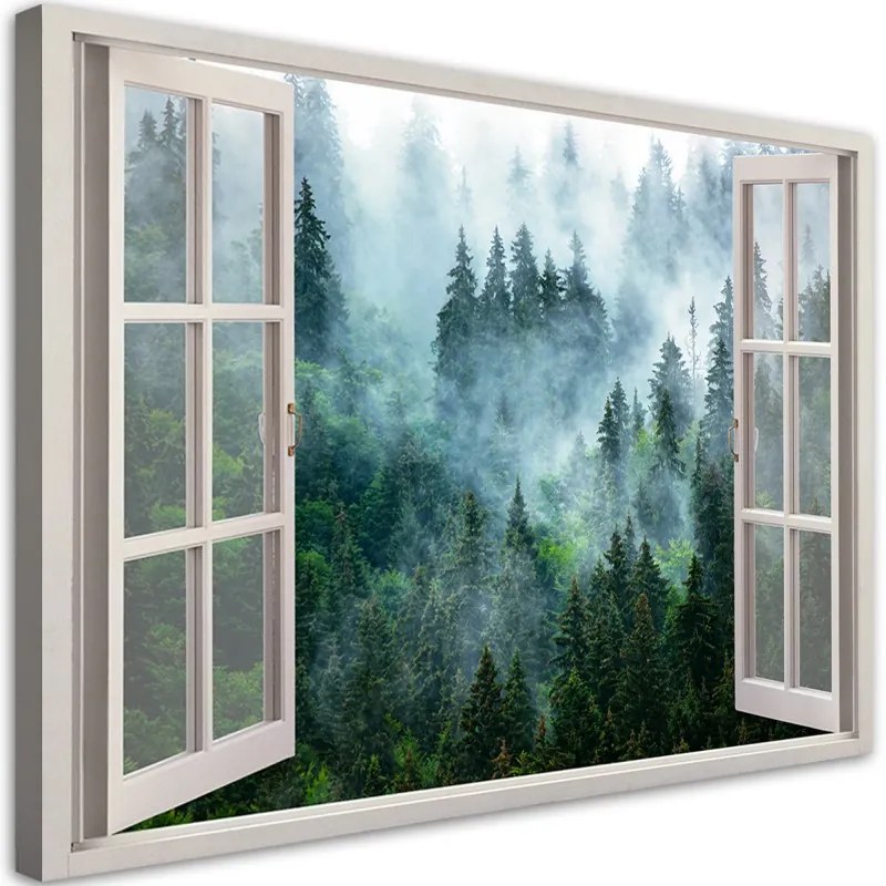 Quadro su tela, Finestra della foresta verde nella natura nebbia  Dimensioni 120x80