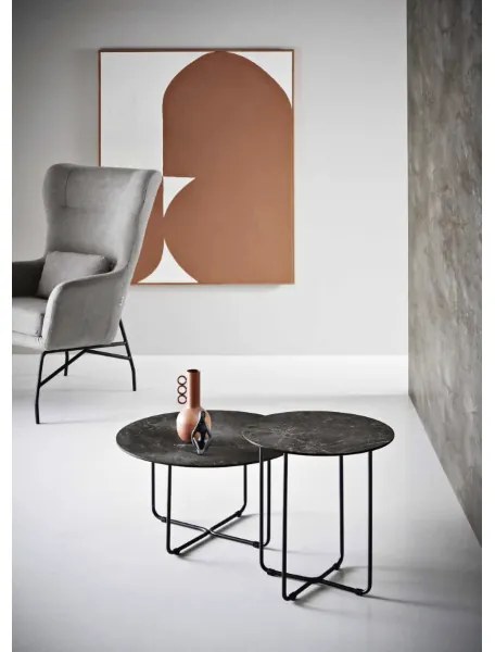 Tavolino tondo con piano vetro effetto Marmo Nero JON 60