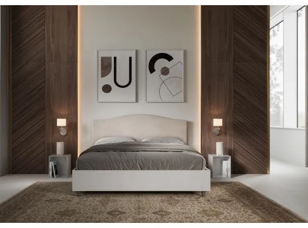Letto matrimoniale e rete 160x190 in legno bianco e testata in microfibra sabbia Grace