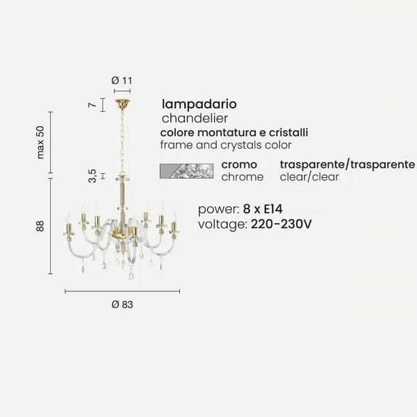 Lampada a sospensione DIDO D83 cm in vetro trasparente lavorato a mano 8 LUCI CROMO