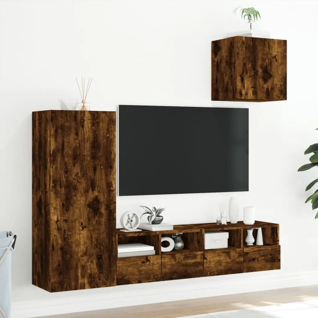 Mobili tv a muro 4pz rovere fumo in legno multistrato