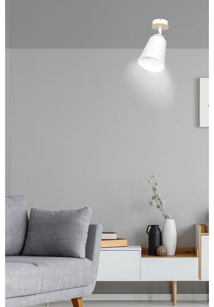 Plafoniera A Faretto Spot 1 Luce In Acciaio Bianco E Legno Naturale