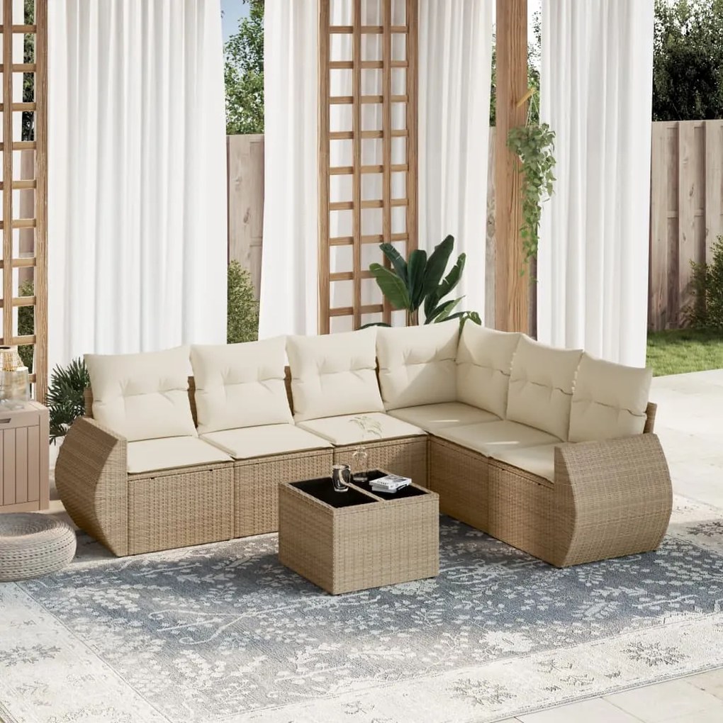 Set divani da giardino 7 pz con cuscini beige in polyrattan