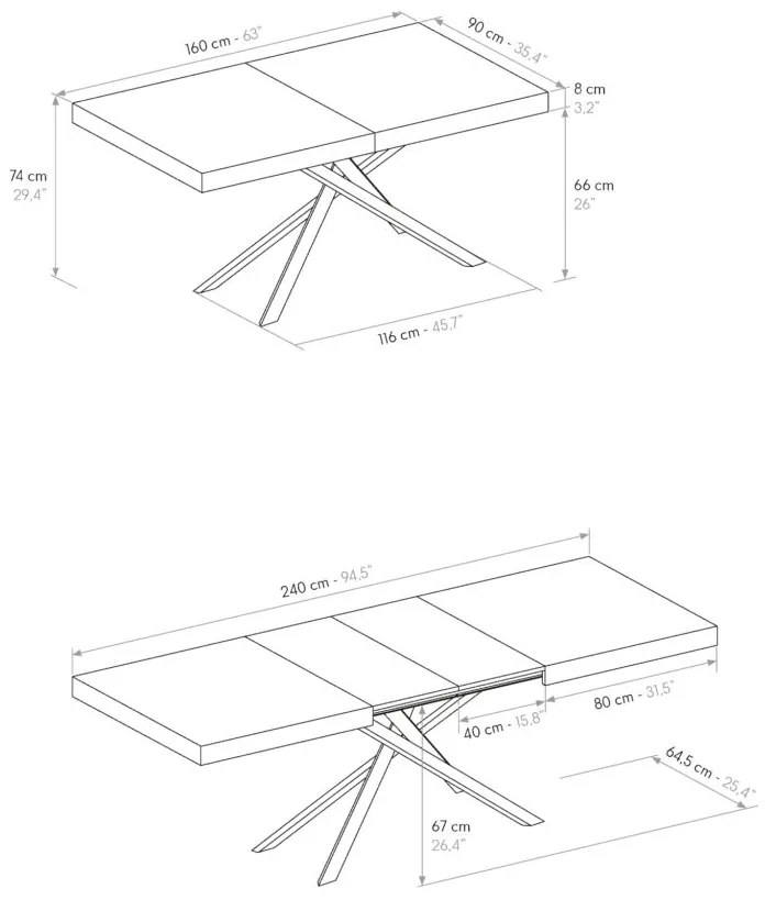 Tavolo CAMAIORE in legno, finitura rovere rustico e base a X in metallo antracite, allungabile 160&#215;90 cm &#8211; 240&#215;90 cm