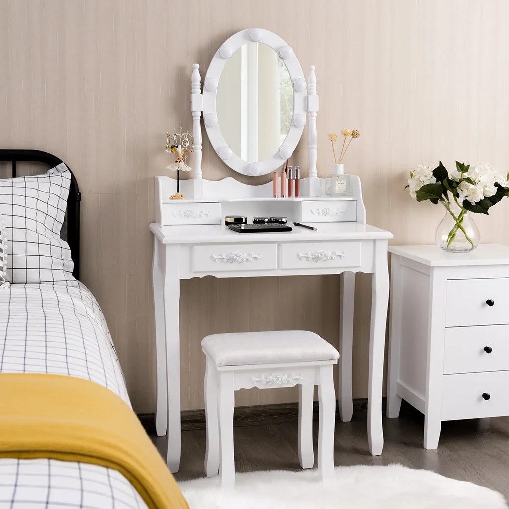 Costway Set tavolo toeletta con 10 luci LED e specchio ovale, Tavolo da trucco con 4 cassetti e sgabello imbottito Bianco