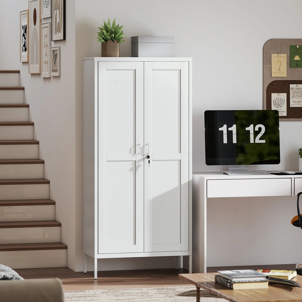 Armadio per Ufficio 80x40x175 cm a 3 Ripiani Regolabili con Serratura e 2 Chiavi in Acciaio Bianco...