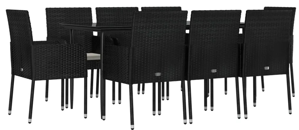 Set da pranzo da giardino 9 pz con cuscini nero in polyrattan