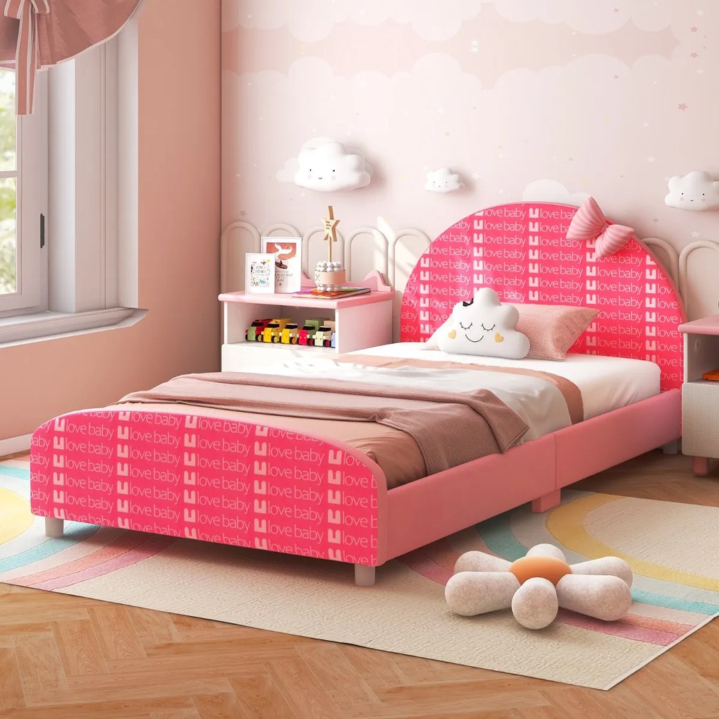 Costway Struttura letto per bambini in legno con testiera pediera morbide, Letto piazza e mezzo imbottito 140x70cm Rosa