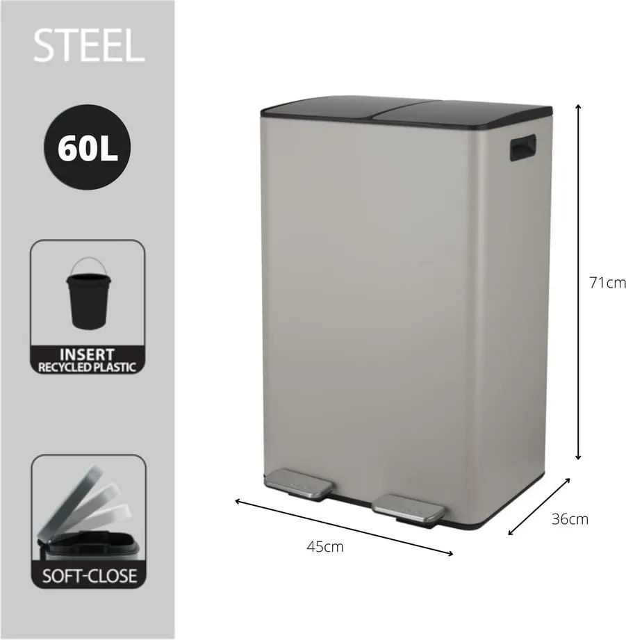 Cestino per la spazzatura grigio tortora in acciaio per raccolta differenziata/con pedale 2x30 l Aliya – Spirella