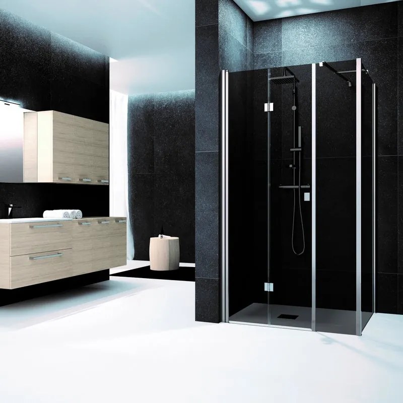 Box doccia con ingresso frontale pieghevole L 150 x H 200 cm, in vetro fumé SP. 6 mm, profilo cromato Glam
