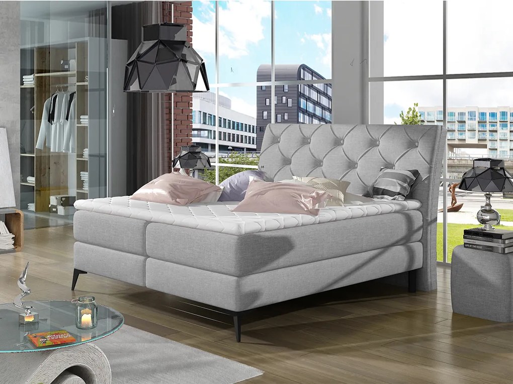 Letto matrimoniale boxspring Coimbra - 180 x 200 cm , Tessuto grigio chiaro liscio