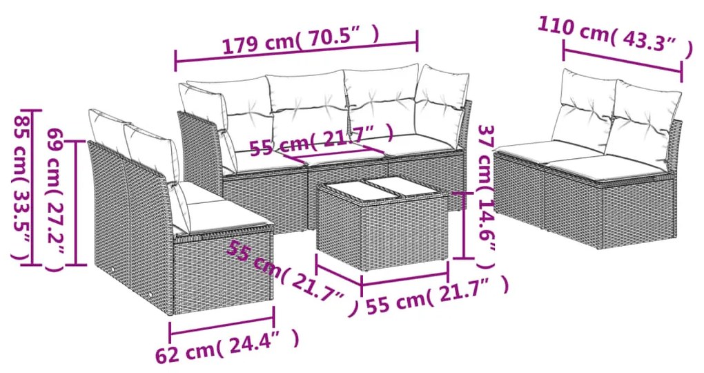 Set divano da giardino 8pz con cuscini grigio chiaro polyrattan