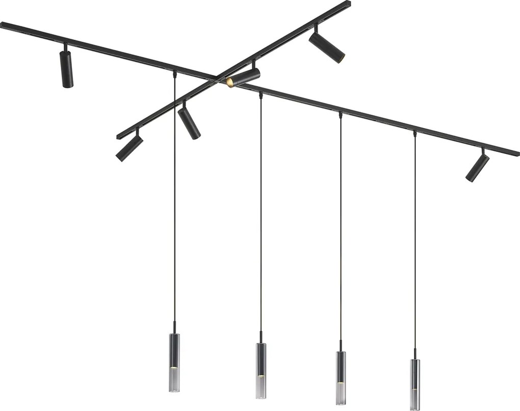Sistema di illuminazione a binario moderno nero con 6 faretti e 4 luci a sospensione monofase - Slimline Uzzy Loyce