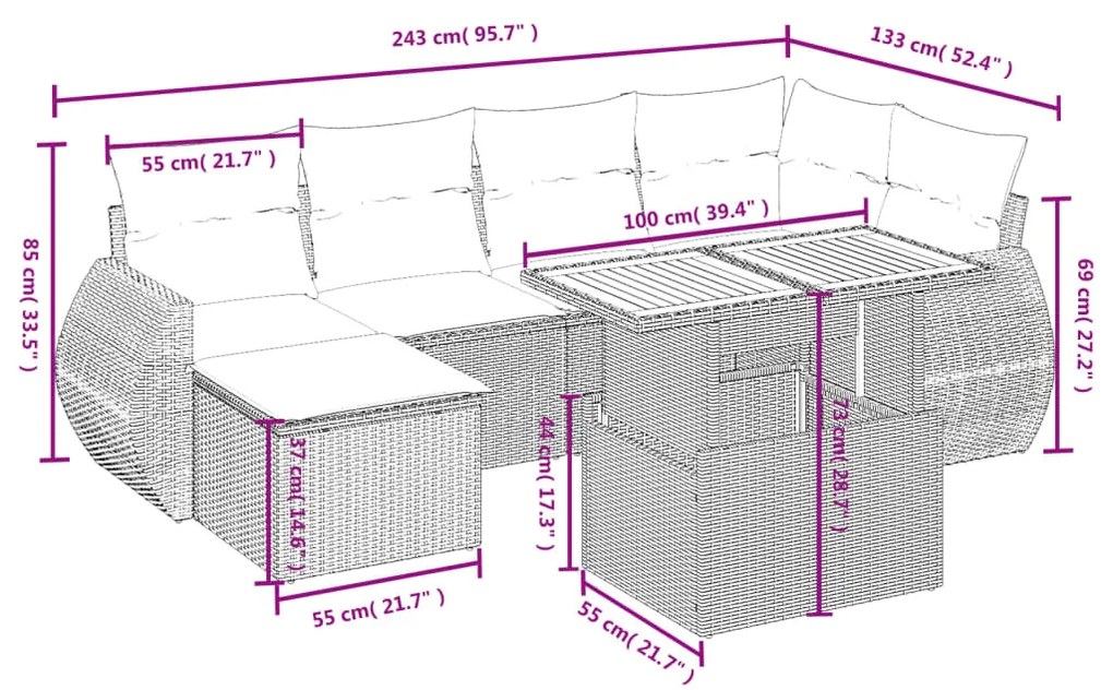 Set Divani da Giardino con Cuscini 7pz Nero Polyrattan