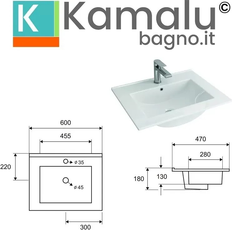 Mobile bagno a terra 60 cm con lavabo e 2 cassetti scorrevoli TOD-60LP - KAMALU