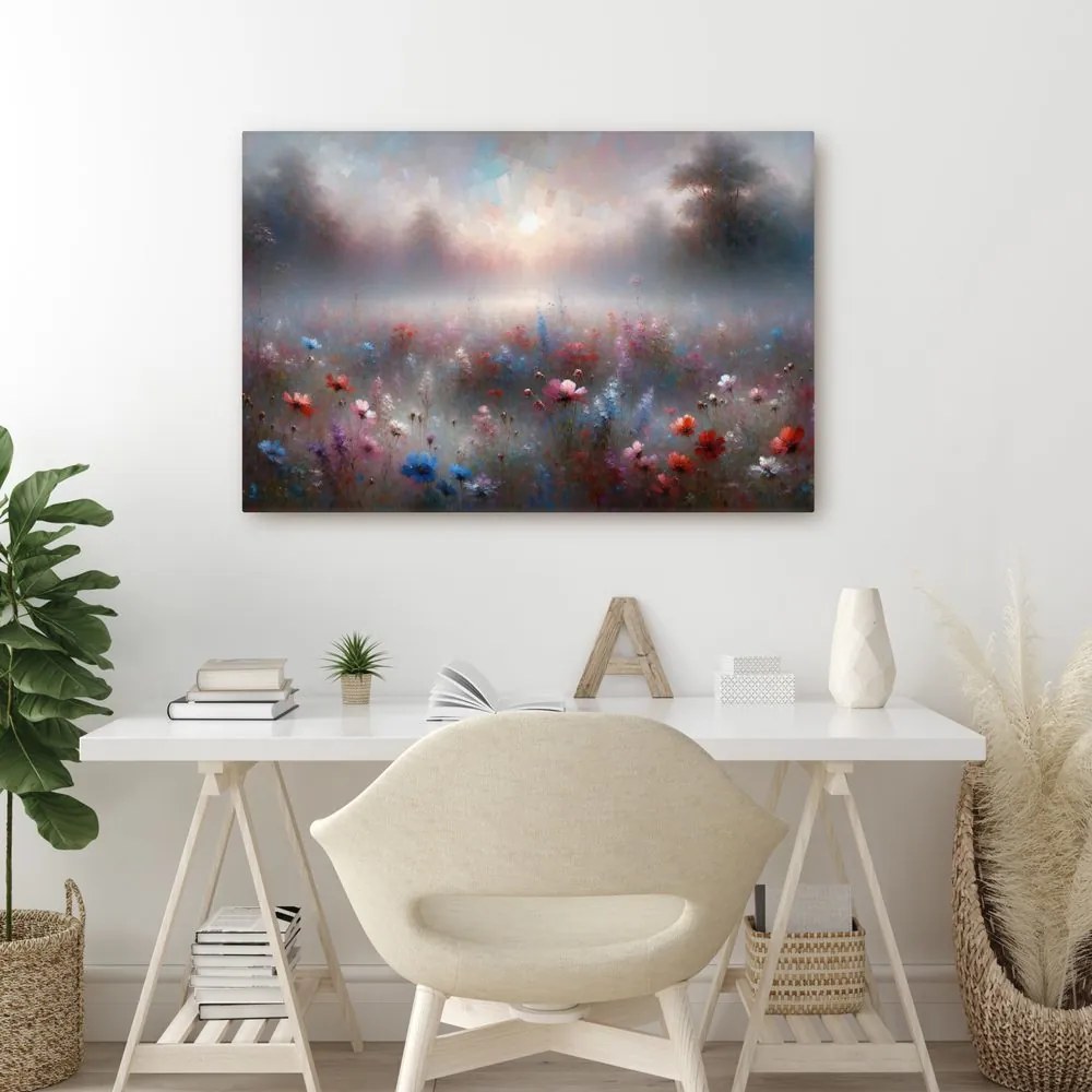 Quadro su tela – Prato nebbioso con fiori