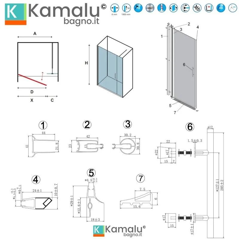 Kamalu - porta doccia nicchia 135cm battente e fisso | ks5000