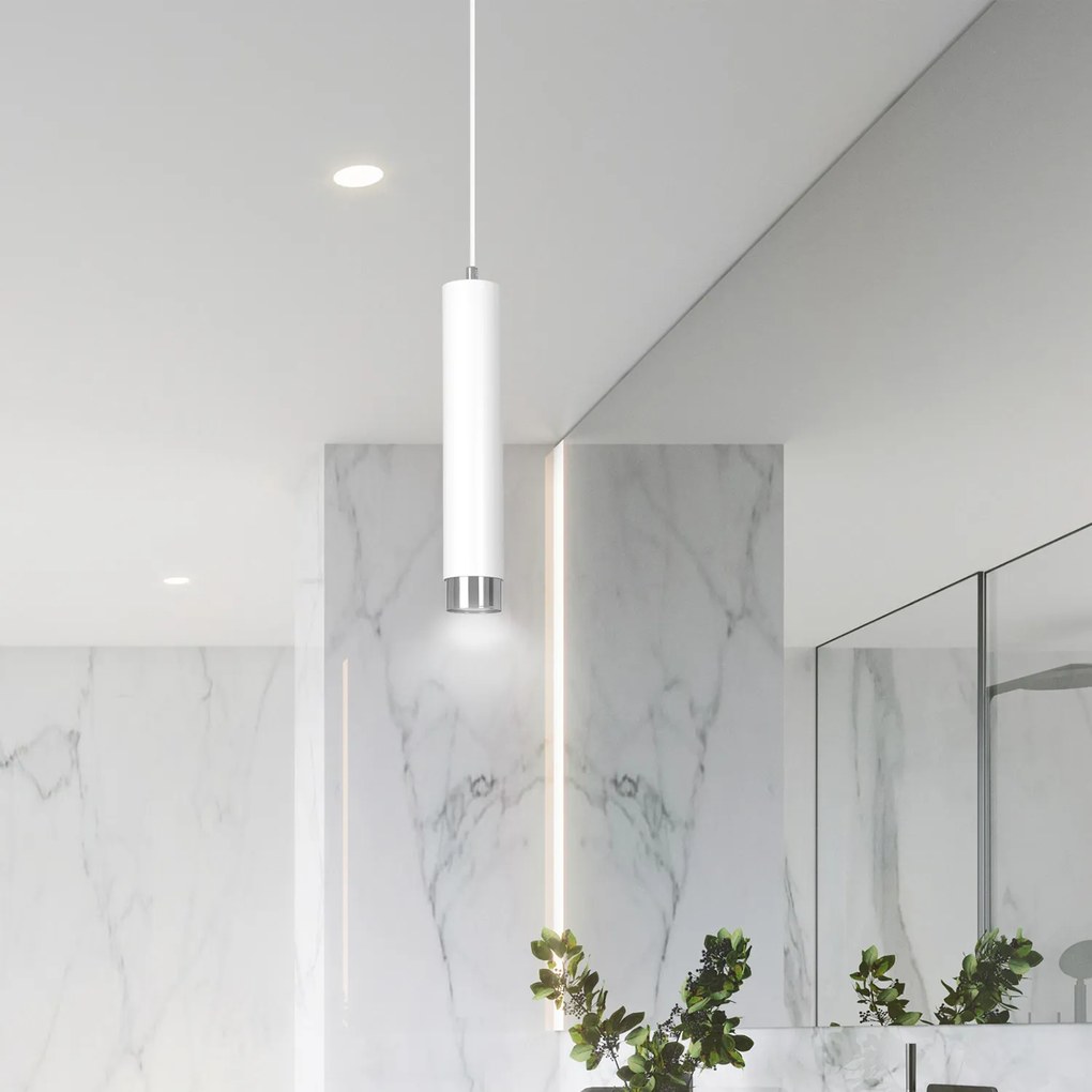 Sospensione 1 Luce Brunilde In Acciaio Bianco Con Tubolare In Bianco E Cromo