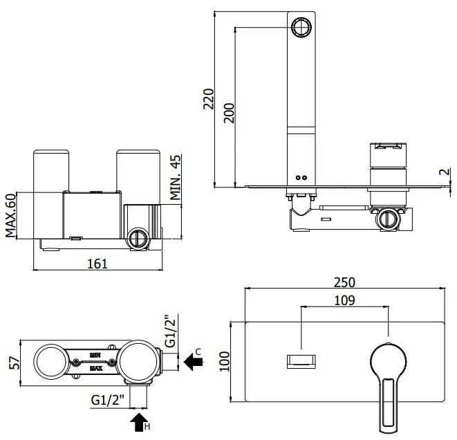 Paffoni Ringo Rin104 Miscelatore lavabo a muro Incasso 2 Fori Con Piastra Rettangolare E Bocca 15 cm Cromo