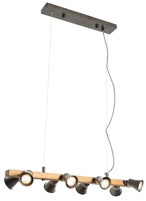 Lampada a sospensione rustica nera con legno 8 luci - Jelle
