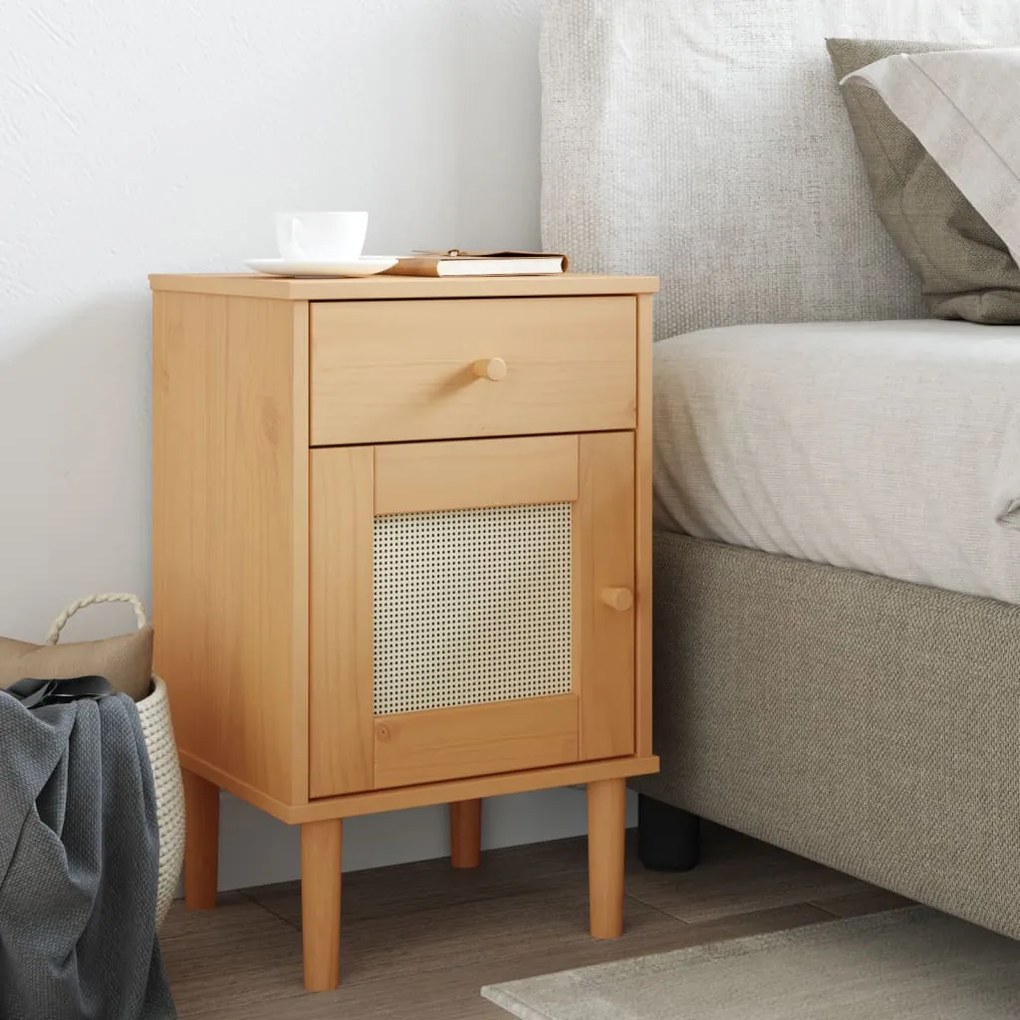 Comodino Senja Aspetto Rattan Marrone 40x35x65 Cm İn Legno Pino /