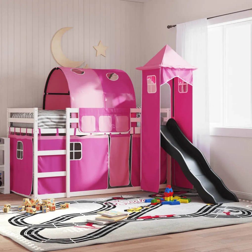 Letto A Castello Con Scivolo E Tende Rosa 90x190 Cm /