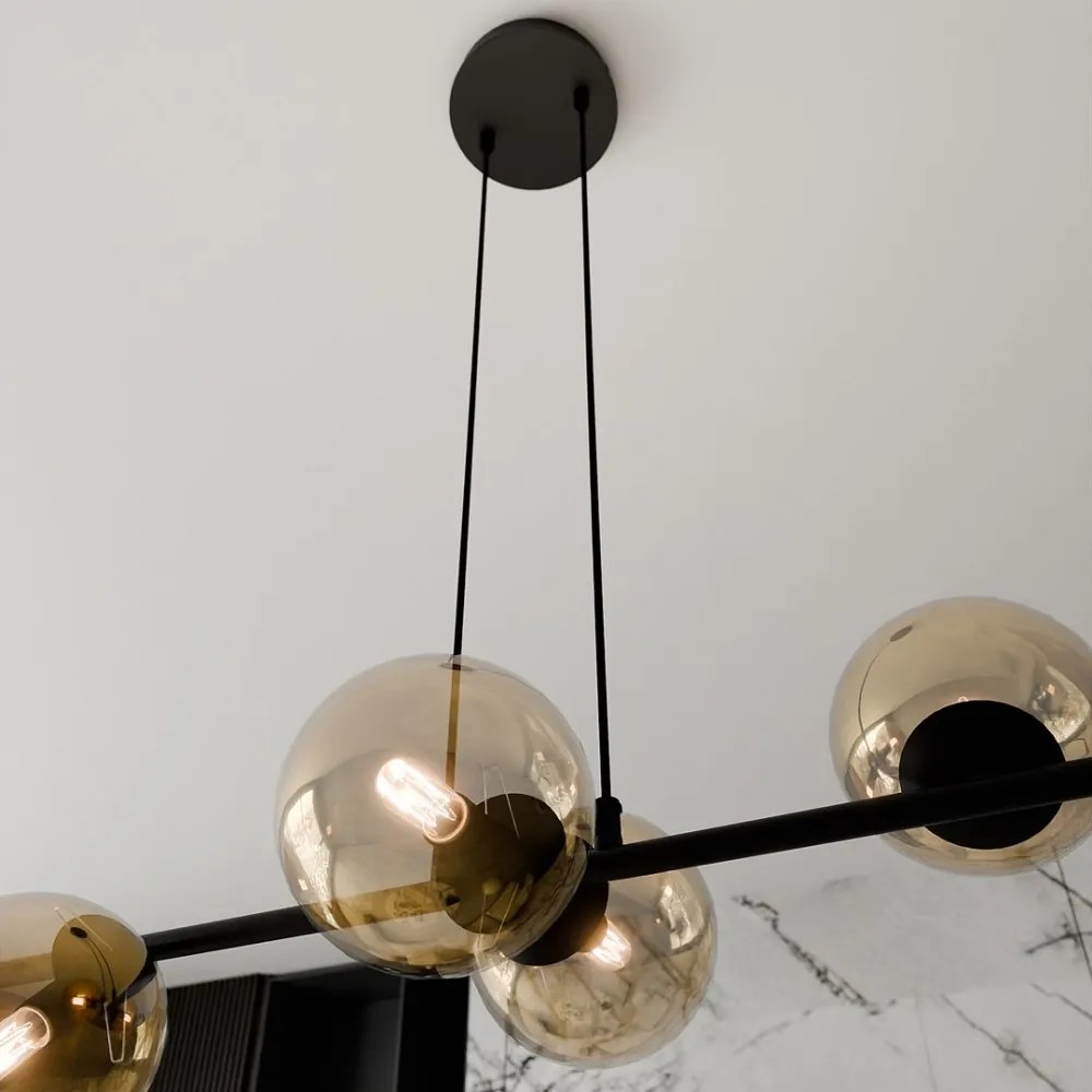 Lampadario a Sospensione in Acciaio e Vetro ROSSI 6 Nero 6xE14 Colore delle Sfere Ambrate